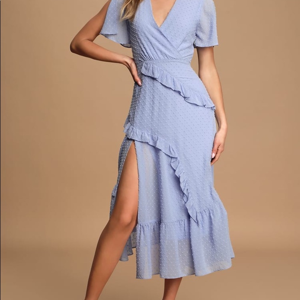 Lulus Periwinkle Swiss Dot Ruffled Dress